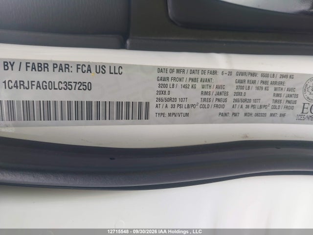 2020 Jeep Grand Cherokee Altitude მანქანა იყიდება აუქციონზე, vin: 1C4RJFAG0LC357250, აუქციონის ნომერი: 12715548