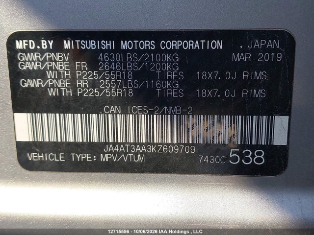 Продажа на аукционе авто 2019 Mitsubishi Eclipse Cross, vin: JA4AT3AA3KZ609709, номер лота: 12715556