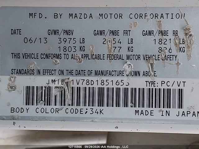 Aukcja sprzedaży 2013 Mazda 3 I, vin: JM1BL1V78D1851653, numer aukcji: 12715566