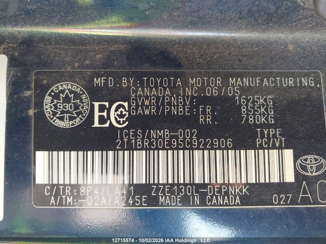 Продаж на аукціоні авто 2005 Toyota Corolla Ce, vin: 2T1BR30E95C922906, номер лоту: 12715574