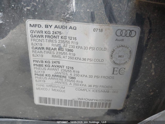 2018 Audi Q5 Prestige მანქანა იყიდება აუქციონზე, vin: WA1CNAFY4J2212580, აუქციონის ნომერი: 12715607