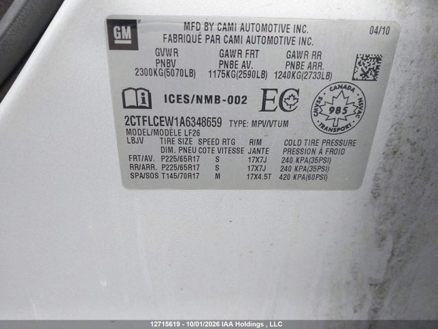 12715619 :رقم المزاد ، 2CTFLCEW1A6348659 vin ، 2010 Gmc Terrain Sle-1 مزاد بيع