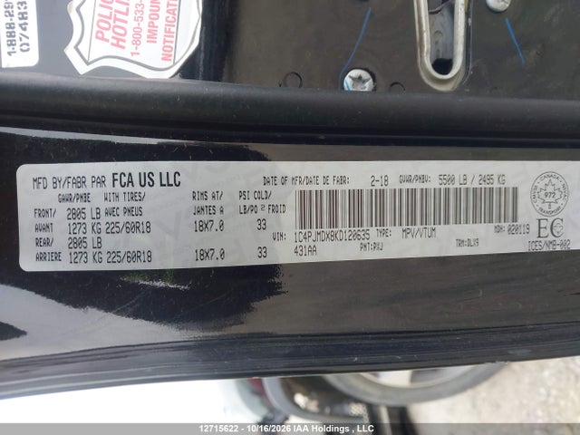 Продажа на аукционе авто 2019 Jeep Cherokee Limited, vin: 1C4PJMDX8KD120635, номер лота: 12715622