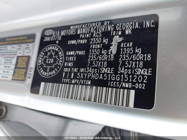 5XYPHDA51GG151202 KIA Sorento 3.3l Ex/3.3l Ex+