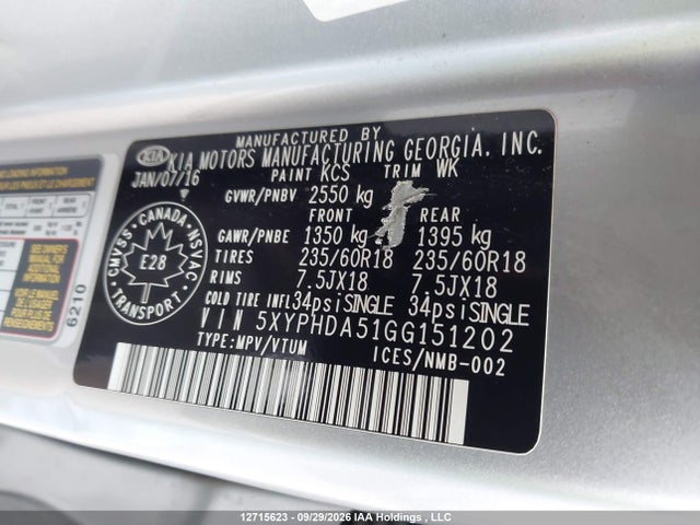 5XYPHDA51GG151202 KIA Sorento 3.3l Ex/3.3l Ex+