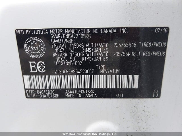 2T3JFREV9GW520067 Toyota RAV4 SE