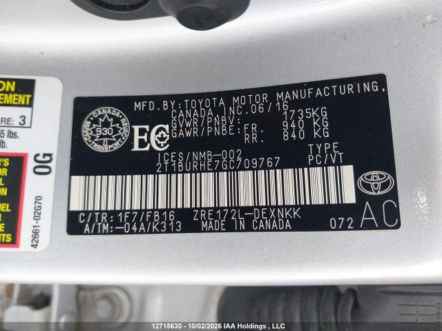 2T1BURHE7GC709767 Toyota Corolla L/le/le Pls/prm/s/s Pls