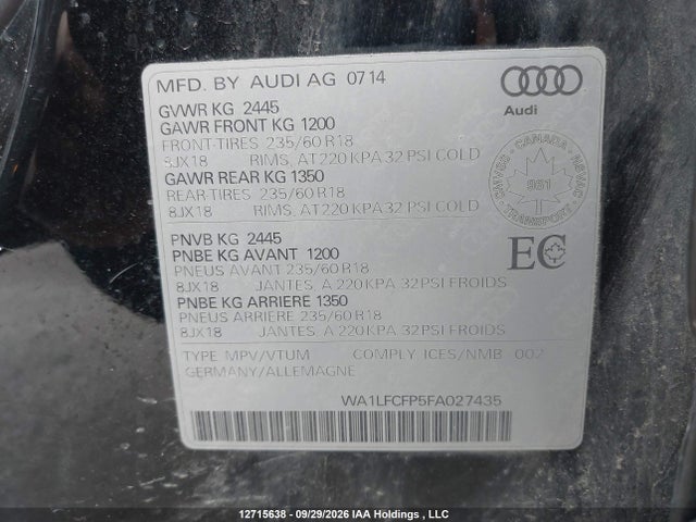 12715638 :رقم المزاد ، WA1LFCFP5FA027435 vin ، 2015 Audi Q5 2.0t Progressiv مزاد بيع