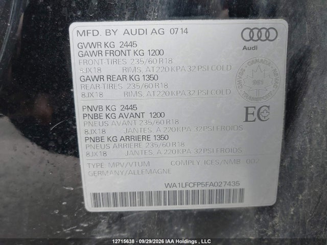 12715638 :رقم المزاد ، WA1LFCFP5FA027435 vin ، 2015 Audi Q5 2.0t Progressiv مزاد بيع
