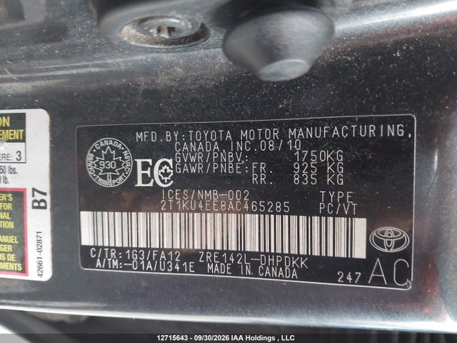 2010 Toyota Matrix Wagon მანქანა იყიდება აუქციონზე, vin: 2T1KU4EE8AC465285, აუქციონის ნომერი: 12715643