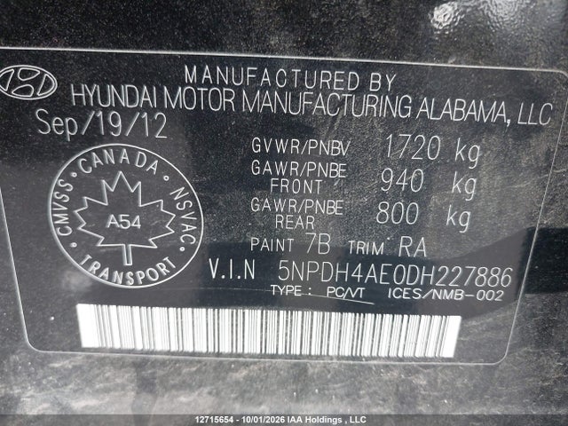 Aukcja sprzedaży 2013 Hyundai Elantra Gls/limited, vin: 5NPDH4AE0DH227886, numer aukcji: 12715654