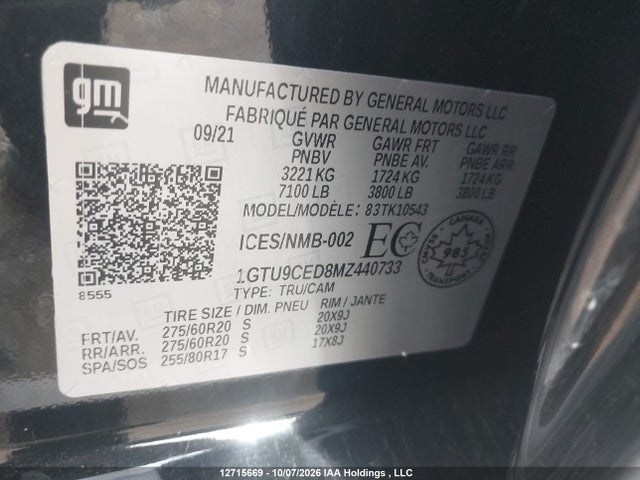 Aukcja sprzedaży 2021 Gmc Sierra 1500 Elevation, vin: 1GTU9CED8MZ440733, numer aukcji: 12715669
