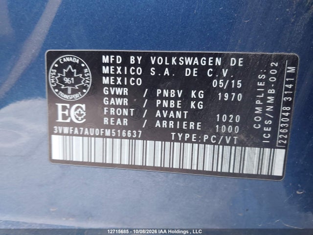 3VWFA7AU0FM516637 Volkswagen GOLF SPORTWAGEN