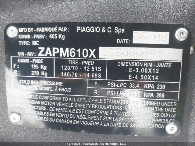 Aukcja sprzedaży 2009 Piaggio Mp3 500, vin: ZAPM610X695000649, numer aukcji: 12715691