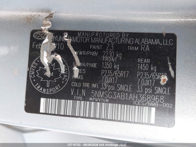 12715702 :رقم المزاد ، 5NMSG3AB1AH368968 vin ، 2010 Hyundai Santa Fe Gls مزاد بيع