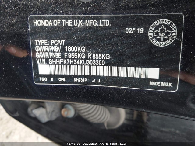 12715703 :رقم المزاد ، SHHFK7H34KU303300 vin ، 2019 Honda Civic Hatchback مزاد بيع