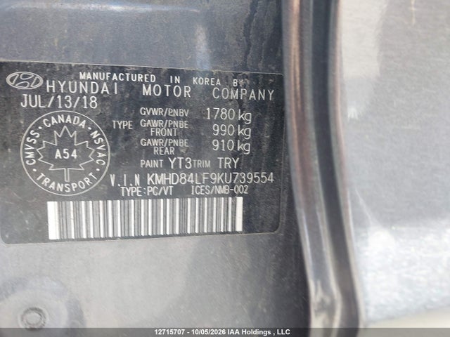 12715707 :رقم المزاد ، KMHD84LF9KU739554 vin ، 2019 Hyundai Elantra Preferred مزاد بيع