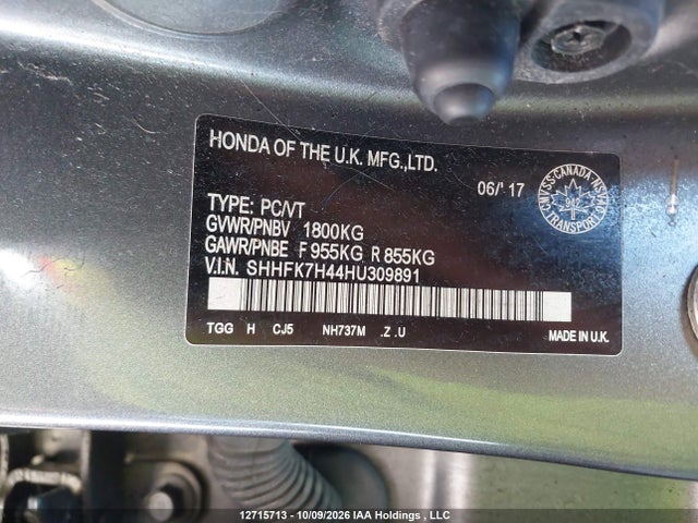 2017 Honda Civic Sport მანქანა იყიდება აუქციონზე, vin: SHHFK7H44HU309891, აუქციონის ნომერი: 12715713