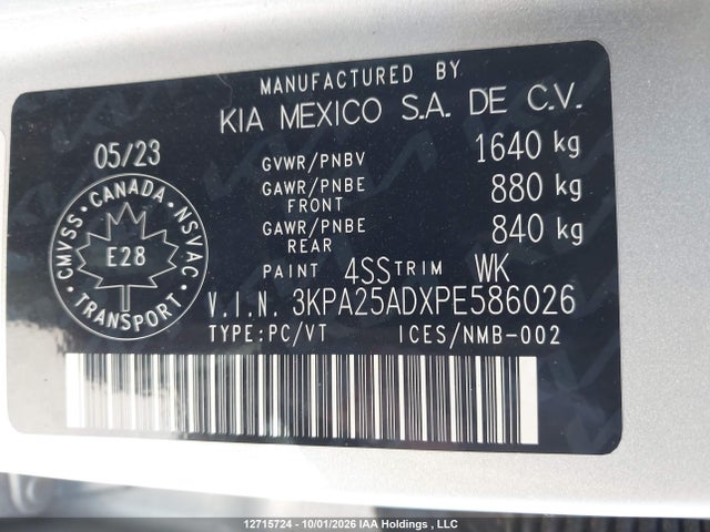 12715724 :رقم المزاد ، 3KPA25ADXPE586026 vin ، 2023 Kia Rio Lx Premium/lx+ مزاد بيع