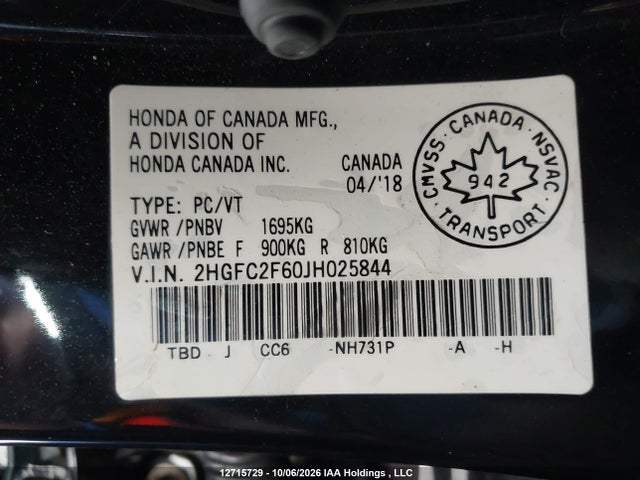 Продаж на аукціоні авто 2018 Honda Civic Se, vin: 2HGFC2F60JHO25844, номер лоту: 12715729