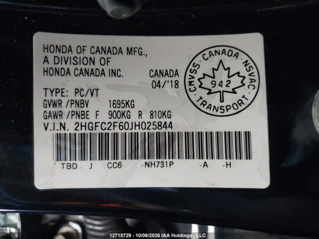 Продаж на аукціоні авто 2018 Honda Civic Se, vin: 2HGFC2F60JHO25844, номер лоту: 12715729