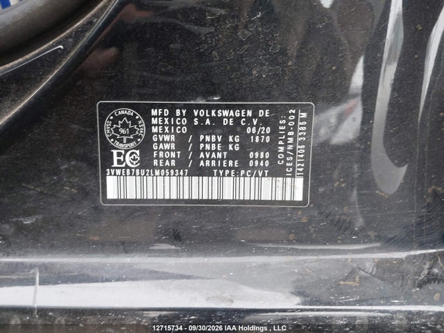 Aukcja sprzedaży 2020 Volkswagen Jetta Sel, vin: 3VWEB7BU2LM059347, numer aukcji: 12715734