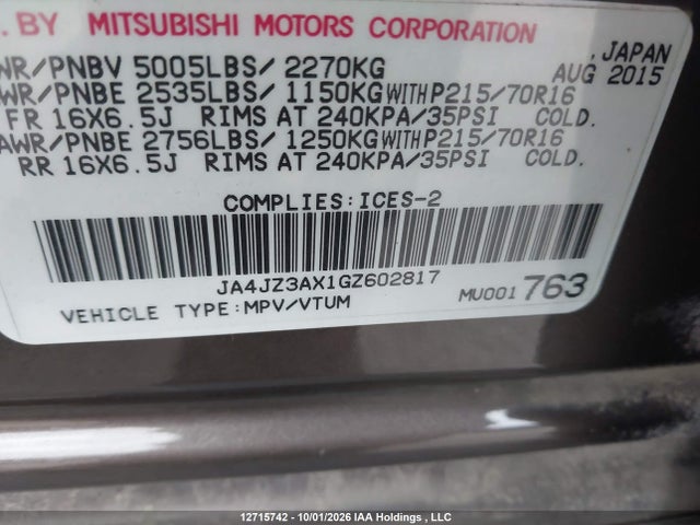 12715742 :رقم المزاد ، JA4JZ3AX1GZ602817 vin ، 2016 Mitsubishi Outlander Se مزاد بيع