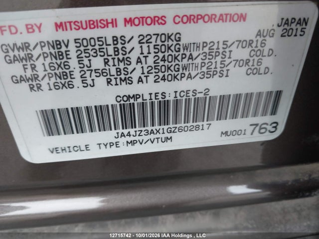 12715742 :رقم المزاد ، JA4JZ3AX1GZ602817 vin ، 2016 Mitsubishi Outlander Se مزاد بيع