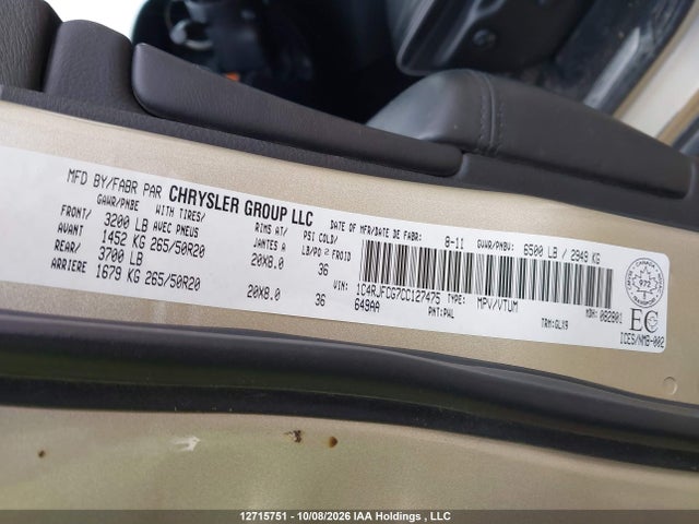 Продажа на аукционе авто 2012 Jeep Grand Cherokee Overland, vin: 1C4RJFCG7CC127475, номер лота: 12715751