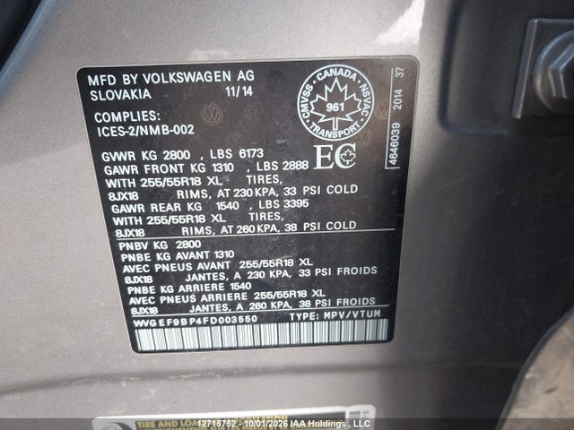 Продажа на аукционе авто 2015 Volkswagen Touareg 3.6l Comfortline/3.6l Execline/3.6l Highline/3.6l Sportline, vin: WVGEF9BP4FD003550, номер лота: 12715752