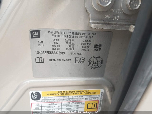 Auction sale of the 2011 Buick Lacrosse Cx, vin: 1G4GA5ED5BF376919, lot number: 12715759