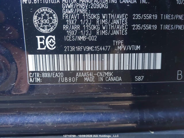 Продажа на аукционе авто 2021 Toyota Rav4, vin: 2T3R1RFV9MC154477, номер лота: 12715769