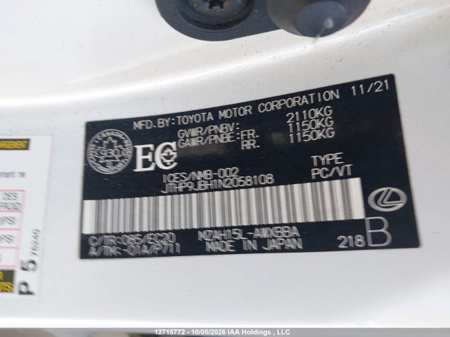 Aukcja sprzedaży 2022 Lexus Ux 250h, vin: JTHP9JBH1N2058108, numer aukcji: 12715772