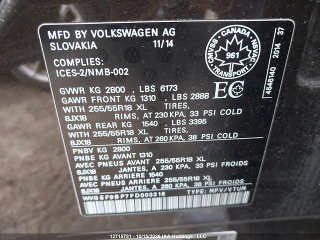 Aukcja sprzedaży 2015 Volkswagen Touareg V6, vin: WVGEF9BP7FD003316, numer aukcji: 12715781