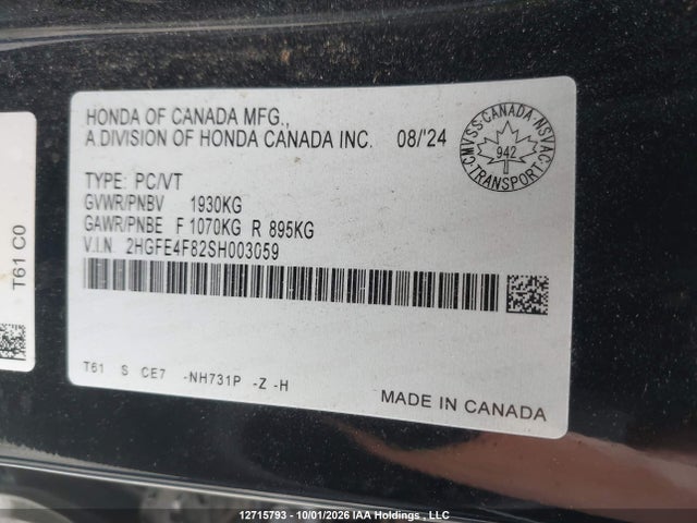 Продажа на аукционе авто 2025 Honda Civic Sport/sport Touring, vin: 2HGFE4F82SH003059, номер лота: 12715793