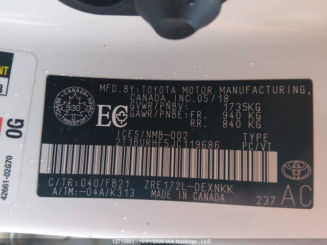 12715801 :رقم المزاد ، 2T1BURHE5JC119686 vin ، 2018 Toyota Corolla Le مزاد بيع