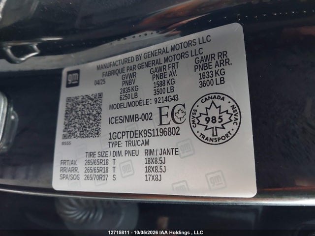 12715811 :رقم المزاد ، 1GCPTDEK9S1196802 vin ، 2025 Chevrolet Colorado Z71 4wd مزاد بيع