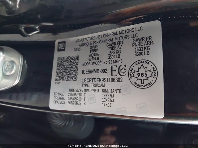 12715811 :رقم المزاد ، 1GCPTDEK9S1196802 vin ، 2025 Chevrolet Colorado Z71 4wd مزاد بيع