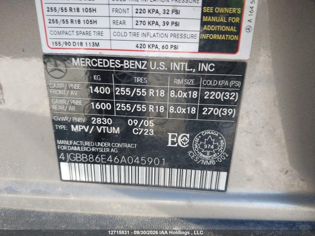 12715831 :رقم المزاد ، 4JGBB86E46A045901 vin ، 2006 Mercedes-benz Ml 350 مزاد بيع