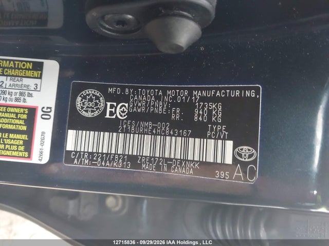 12715836 :رقم المزاد ، 2T1BURHE4HC843167 vin ، 2017 Toyota Corolla L/le/xle/se/xse مزاد بيع
