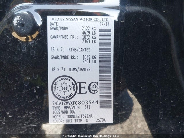 12715842 :رقم المزاد ، 5N1AT2MVXFC803544 vin ، 2015 Nissan Rogue S/sl/sv مزاد بيع