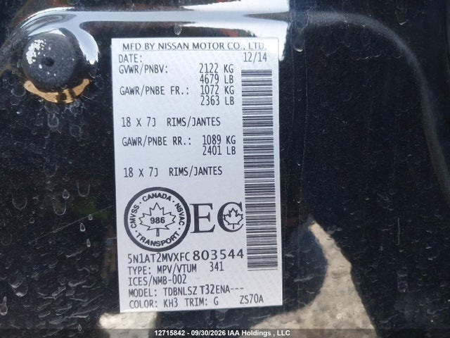 12715842 :رقم المزاد ، 5N1AT2MVXFC803544 vin ، 2015 Nissan Rogue S/sl/sv مزاد بيع