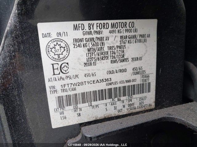 Aukcja sprzedaży 2012 Ford F-250 Lariat, vin: 1FT7W2BT1CEA35363, numer aukcji: 12715848