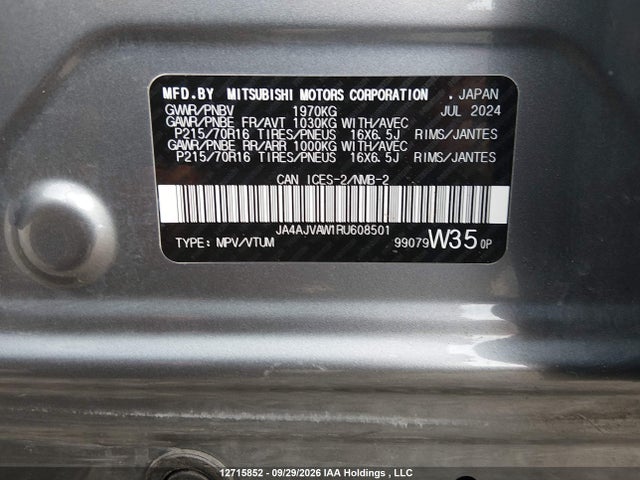 2024 Mitsubishi Rvr Se/sel/noir/gt მანქანა იყიდება აუქციონზე, vin: JA4AJVAW1RU608501, აუქციონის ნომერი: 12715852