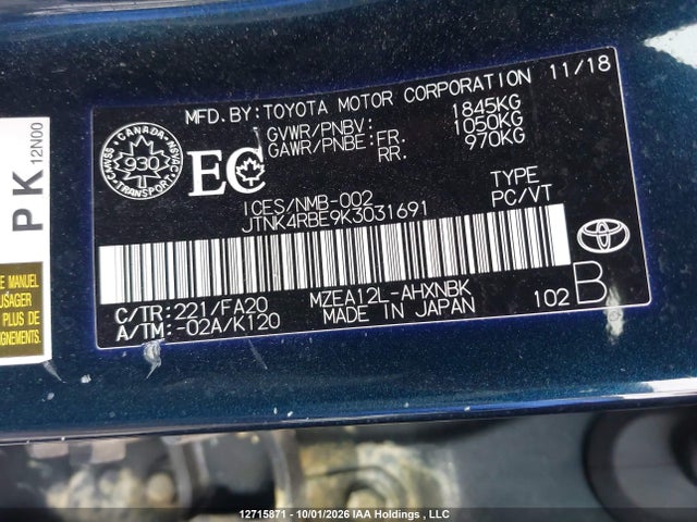 Aukcja sprzedaży 2019 Toyota Corolla Se/xse, vin: JTNK4RBE9K3031691, numer aukcji: 12715871