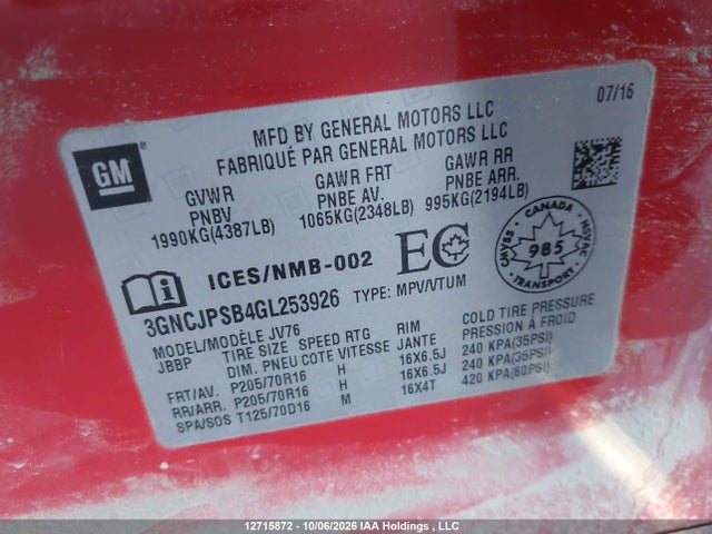 Chevrolet TRAX 1LT 2016 3GNCJPSB4GL253926 Image 9