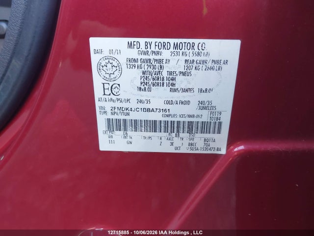 12715885 :رقم المزاد ، 2FMDK4JC1BBA73161 vin ، 2011 Ford Edge Sel مزاد بيع