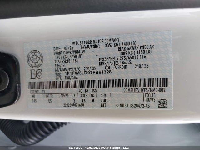Aukcja sprzedaży 2026 Ford F150 Xlt, vin: 1FTFW3LD0TFB61328, numer aukcji: 12715892