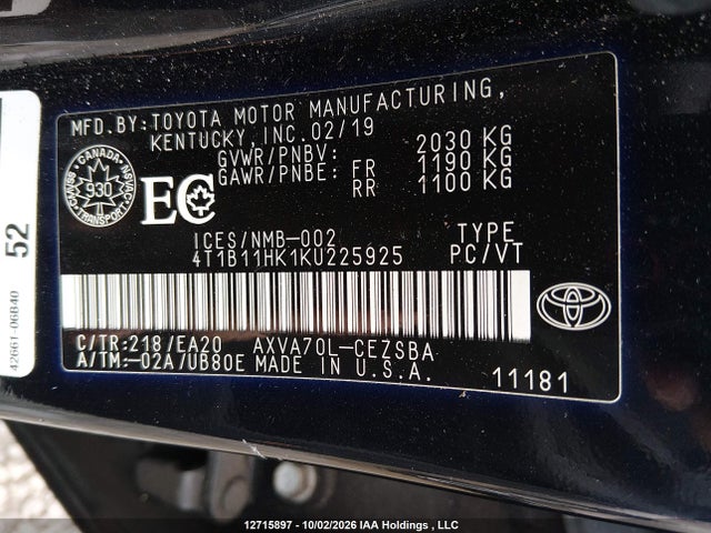 4T1B11HK1KU225925 Toyota CAMRY SE