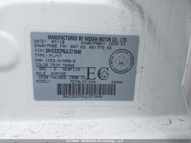 Продаж на аукціоні авто 2018 Nissan Versa Note 1.6 S/1.6 Sr/1.6 Sv, vin: 3N1CE2CP0JL371640, номер лоту: 12715940